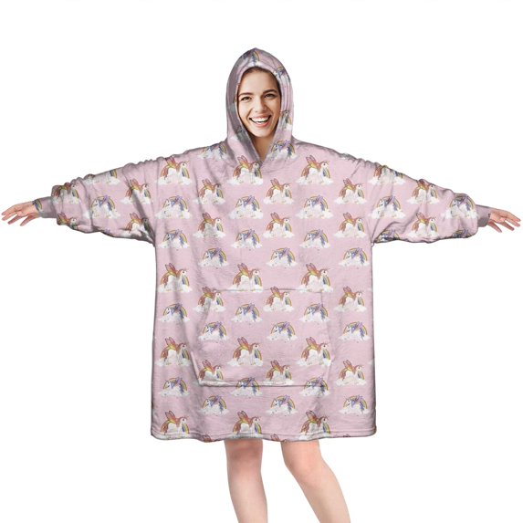 Wearable Oversized Blanket,Pink Unicorn Group Pattern Wearable Blanket Hoodie for Adults,Cozy Hooded Blankets with Super Pockets,Super Warm Fuzzy Pullover for Women & Men