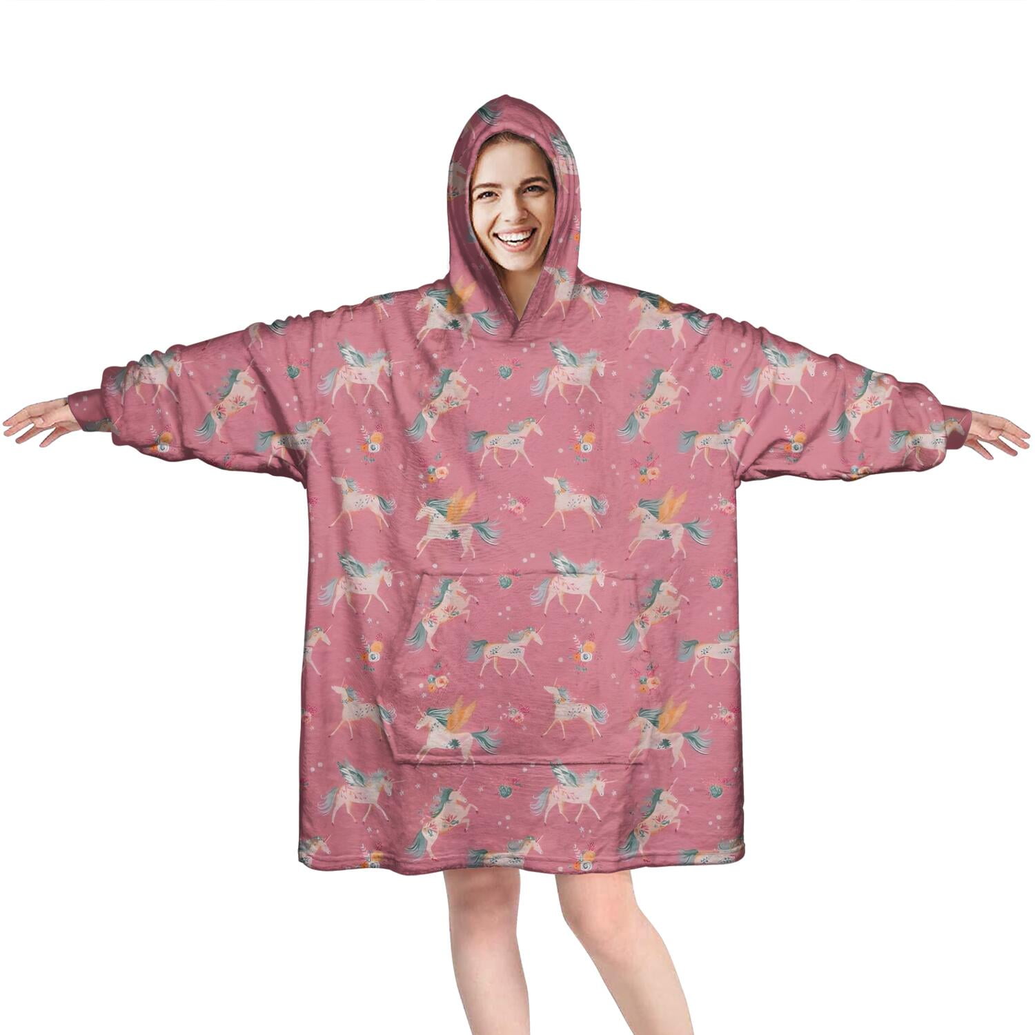 Wearable Oversized Blanket,Pink Unicorn Pattern Wearable Blanket Hoodie for Adults,Cozy Hooded Blankets with Super Pockets,Super Warm Fuzzy Pullover for Women & Men