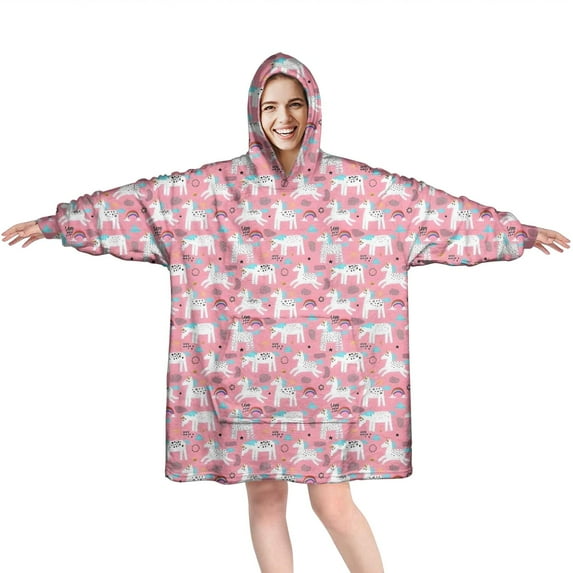 Wearable Oversized Blanket,Pink Unicorn Rainbow Pattern Wearable Blanket Hoodie for Adults,Cozy Hooded Blankets with Super Pockets,Super Warm Fuzzy Pullover for Women & Men