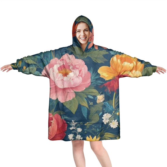 Wearable Oversized Blanket,Pioneer Flower Floral Print Pattern Wearable Blanket Hoodie for Adults,Cozy Hooded Blankets with Super Pockets,Super Warm Fuzzy Pullover for Women & Men