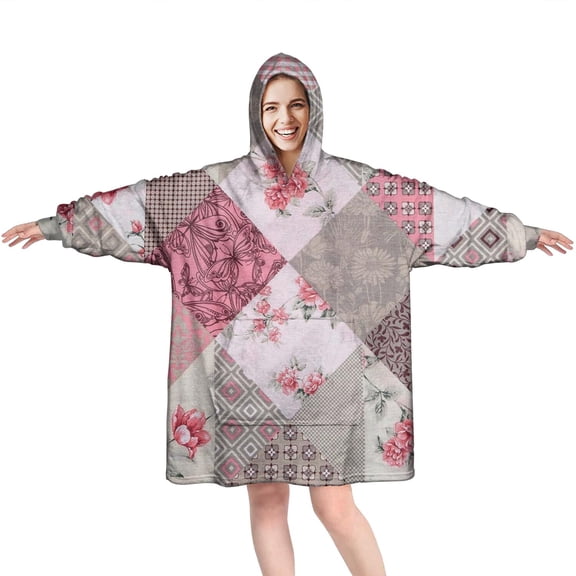 Wearable Oversized Blanket,Pioneer Flower Floral Print Pattern Wearable Blanket Hoodie for Adults,Cozy Hooded Blankets with Super Pockets,Super Warm Fuzzy Pullover for Women & Men