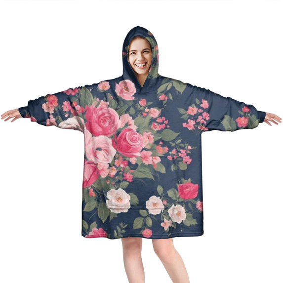 Wearable Oversized Blanket,Pioneer Flower Floral Print Pattern Wearable Blanket Hoodie for Adults,Cozy Hooded Blankets with Super Pockets,Super Warm Fuzzy Pullover for Women & Men