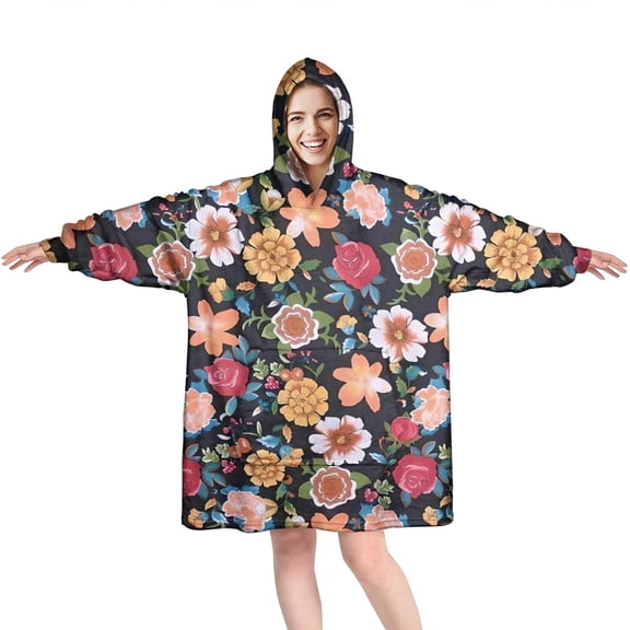 Wearable Oversized Blanket,Pioneer Flower Floral Print Pattern Wearable Blanket Hoodie for Adults,Cozy Hooded Blankets with Super Pockets,Super Warm Fuzzy Pullover for Women & Men