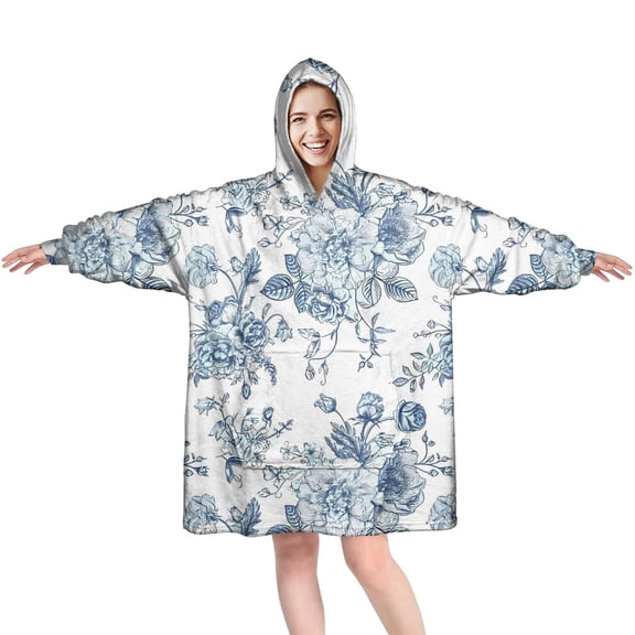 Wearable Oversized Blanket,Pioneer Flower Floral Print Pattern Wearable Blanket Hoodie for Adults,Cozy Hooded Blankets with Super Pockets,Super Warm Fuzzy Pullover for Women & Men