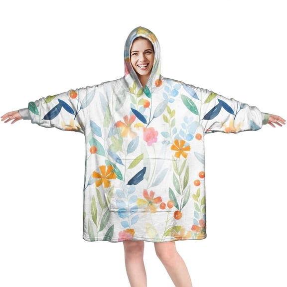 Wearable Oversized Blanket,Pioneer Flower Floral Print Pattern Wearable Blanket Hoodie for Adults,Cozy Hooded Blankets with Super Pockets,Super Warm Fuzzy Pullover for Women & Men