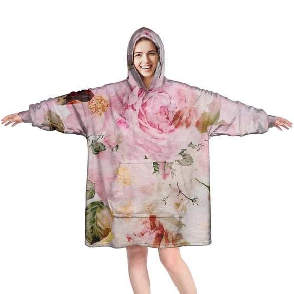 Wearable Oversized Blanket,Pioneer Flower Floral Print Pattern Wearable Blanket Hoodie for Adults,Cozy Hooded Blankets with Super Pockets,Super Warm Fuzzy Pullover for Women & Men