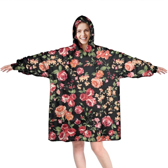 Wearable Oversized Blanket,Pioneer Flower Floral Print Pattern Wearable Blanket Hoodie for Adults,Cozy Hooded Blankets with Super Pockets,Super Warm Fuzzy Pullover for Women & Men