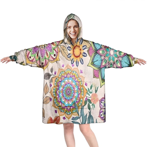 Wearable Oversized Blanket,Pioneer Flower Floral Print Pattern Wearable Blanket Hoodie for Adults,Cozy Hooded Blankets with Super Pockets,Super Warm Fuzzy Pullover for Women & Men