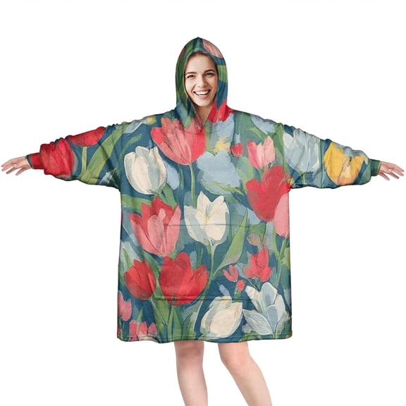 Wearable Oversized Blanket,Pioneer Flower Floral Print Pattern Wearable Blanket Hoodie for Adults,Cozy Hooded Blankets with Super Pockets,Super Warm Fuzzy Pullover for Women & Men