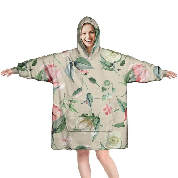 Wearable Oversized Blanket,Pioneer Flower Floral Print Pattern Wearable Blanket Hoodie for Adults,Cozy Hooded Blankets with Super Pockets,Super Warm Fuzzy Pullover for Women & Men