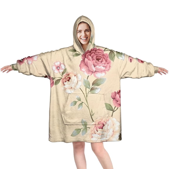 Wearable Oversized Blanket,Pioneer Flower Floral Print Pattern Wearable Blanket Hoodie for Adults,Cozy Hooded Blankets with Super Pockets,Super Warm Fuzzy Pullover for Women & Men