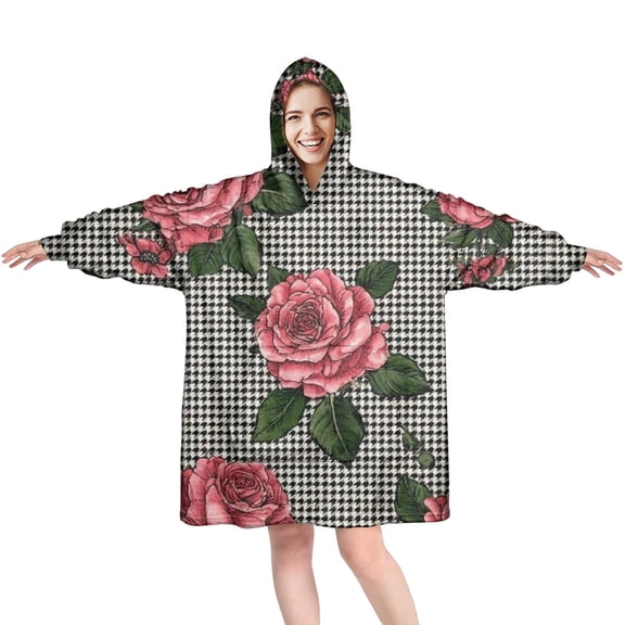 Wearable Oversized Blanket,Pioneer Flower Floral Print Pattern Wearable Blanket Hoodie for Adults,Cozy Hooded Blankets with Super Pockets,Super Warm Fuzzy Pullover for Women & Men