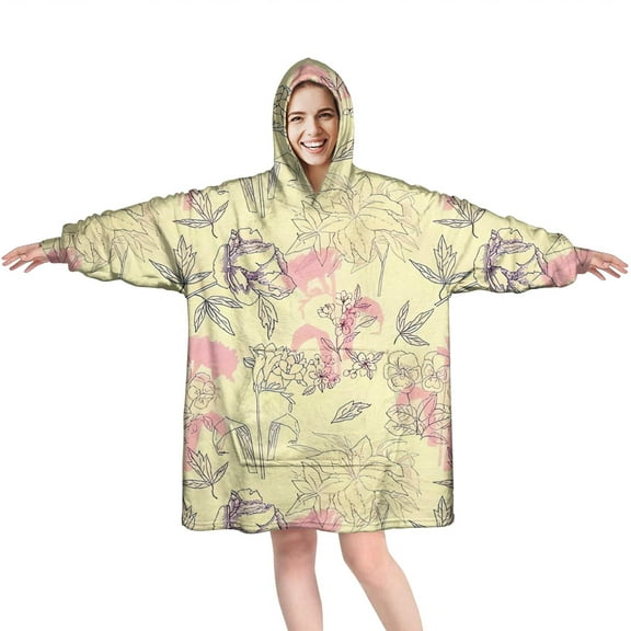 Wearable Oversized Blanket,Pioneer Flower Floral Print Pattern Wearable Blanket Hoodie for Adults,Cozy Hooded Blankets with Super Pockets,Super Warm Fuzzy Pullover for Women & Men