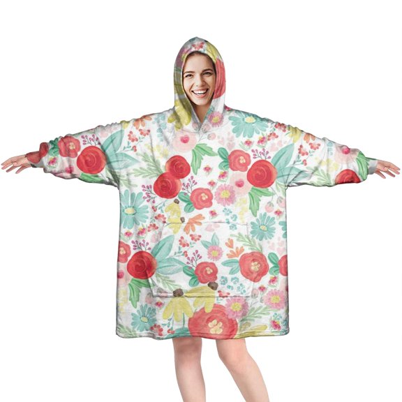 Wearable Oversized Blanket,Pioneer Flower Floral Print Pattern Wearable Blanket Hoodie for Adults,Cozy Hooded Blankets with Super Pockets,Super Warm Fuzzy Pullover for Women & Men