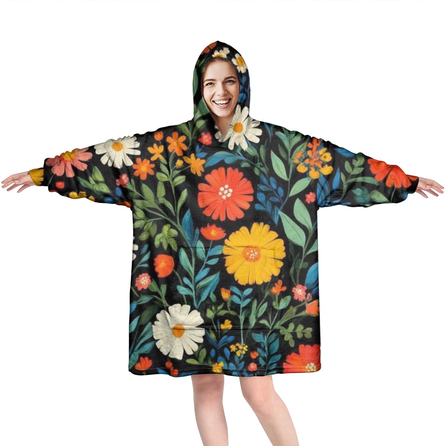 Wearable Oversized Blanket,Pioneer Flower Floral Print Pattern Wearable Blanket Hoodie for Adults,Cozy Hooded Blankets with Super Pockets,Super Warm Fuzzy Pullover for Women & Men