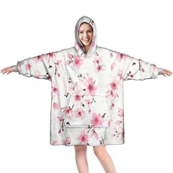 Wearable Oversized Blanket,Pioneer Flower Floral Print Pattern Wearable Blanket Hoodie for Adults,Cozy Hooded Blankets with Super Pockets,Super Warm Fuzzy Pullover for Women & Men
