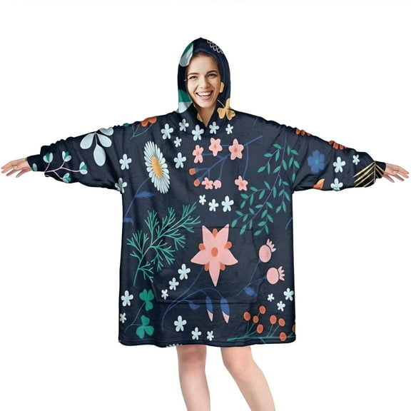 Wearable Oversized Blanket,Pioneer Flower Floral Print Pattern Wearable Blanket Hoodie for Adults,Cozy Hooded Blankets with Super Pockets,Super Warm Fuzzy Pullover for Women & Men