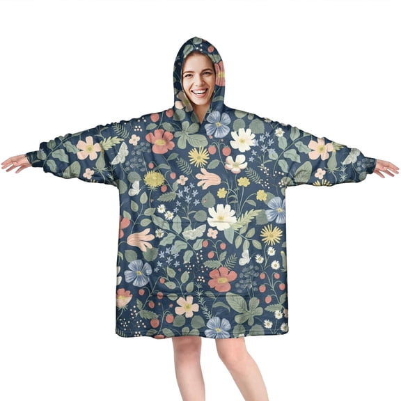 Wearable Oversized Blanket,Pioneer Flower Floral Print Pattern Wearable Blanket Hoodie for Adults,Cozy Hooded Blankets with Super Pockets,Super Warm Fuzzy Pullover for Women & Men
