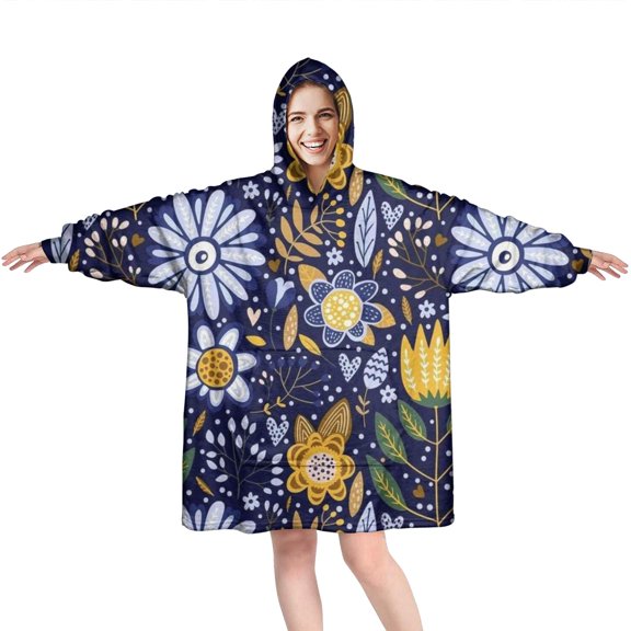 Wearable Oversized Blanket,Pioneer Flower Floral Print Pattern Wearable Blanket Hoodie for Adults,Cozy Hooded Blankets with Super Pockets,Super Warm Fuzzy Pullover for Women & Men