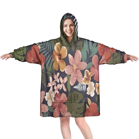 Wearable Oversized Blanket,Pioneer Flower Floral Print Pattern Wearable Blanket Hoodie for Adults,Cozy Hooded Blankets with Super Pockets,Super Warm Fuzzy Pullover for Women & Men