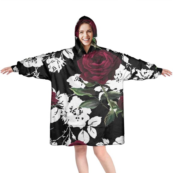 Wearable Oversized Blanket,Pioneer Flower Floral Print Pattern Wearable Blanket Hoodie for Adults,Cozy Hooded Blankets with Super Pockets,Super Warm Fuzzy Pullover for Women & Men