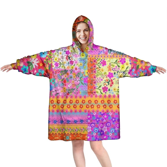 Wearable Oversized Blanket,Pioneer Flower Floral Print Pattern Wearable Blanket Hoodie for Adults,Cozy Hooded Blankets with Super Pockets,Super Warm Fuzzy Pullover for Women & Men