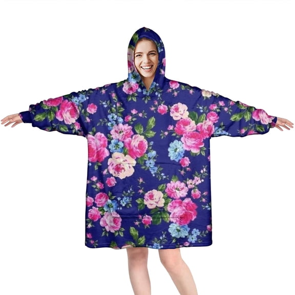 Wearable Oversized Blanket,Pioneer Flower Floral Print Pattern Wearable Blanket Hoodie for Adults,Cozy Hooded Blankets with Super Pockets,Super Warm Fuzzy Pullover for Women & Men