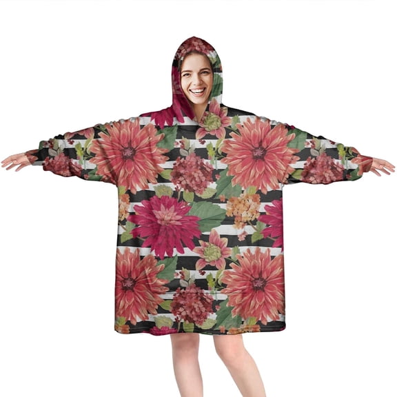 Wearable Oversized Blanket,Pioneer Flower Floral Print Pattern Wearable Blanket Hoodie for Adults,Cozy Hooded Blankets with Super Pockets,Super Warm Fuzzy Pullover for Women & Men