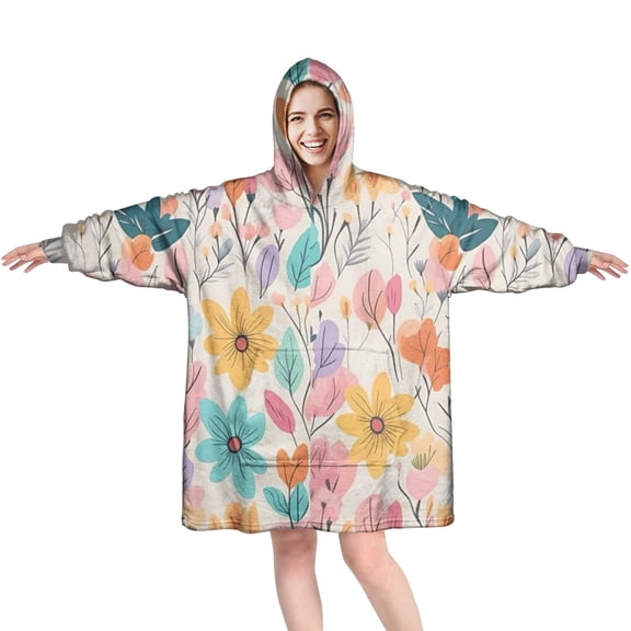Wearable Oversized Blanket,Pioneer Flower Floral Print Pattern Wearable Blanket Hoodie for Adults,Cozy Hooded Blankets with Super Pockets,Super Warm Fuzzy Pullover for Women & Men