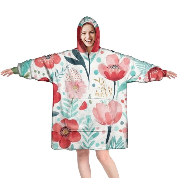 Wearable Oversized Blanket,Pioneer Flower Floral Print Pattern Wearable Blanket Hoodie for Adults,Cozy Hooded Blankets with Super Pockets,Super Warm Fuzzy Pullover for Women & Men