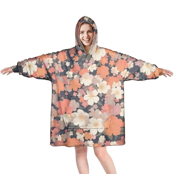 Wearable Oversized Blanket,Pioneer Flower Floral Print Pattern Wearable Blanket Hoodie for Adults,Cozy Hooded Blankets with Super Pockets,Super Warm Fuzzy Pullover for Women & Men