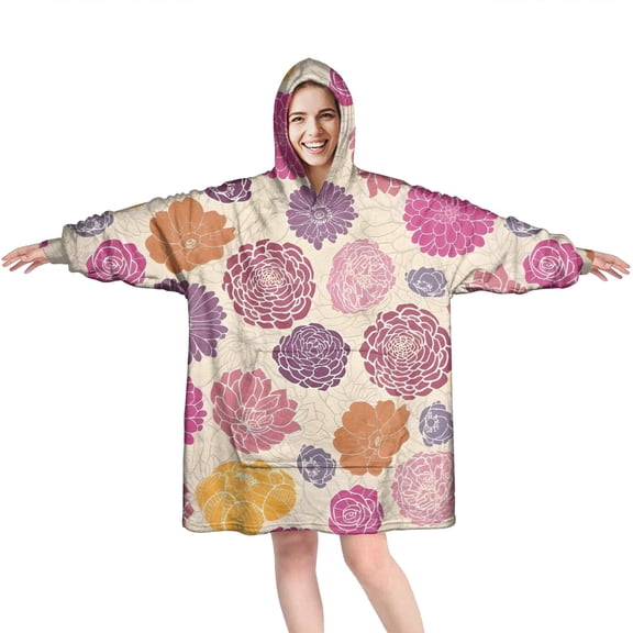 Wearable Oversized Blanket,Pioneer Flower Floral Print Pattern Wearable Blanket Hoodie for Adults,Cozy Hooded Blankets with Super Pockets,Super Warm Fuzzy Pullover for Women & Men