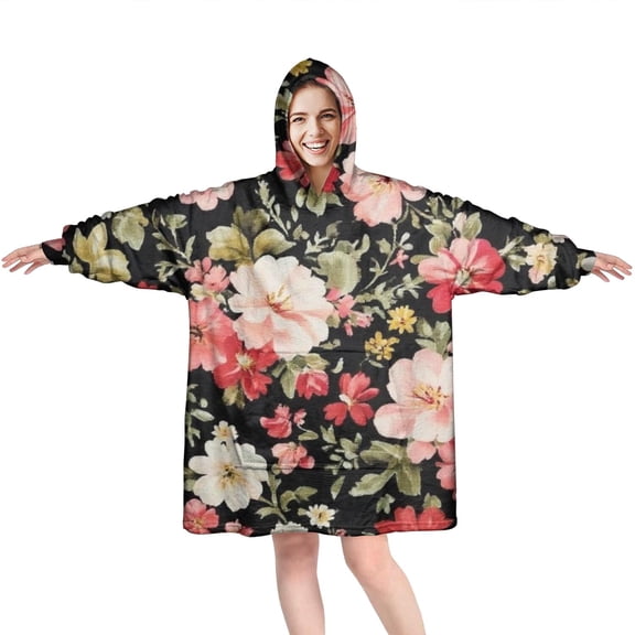 Wearable Oversized Blanket,Pioneer Flower Floral Print Pattern Wearable Blanket Hoodie for Adults,Cozy Hooded Blankets with Super Pockets,Super Warm Fuzzy Pullover for Women & Men