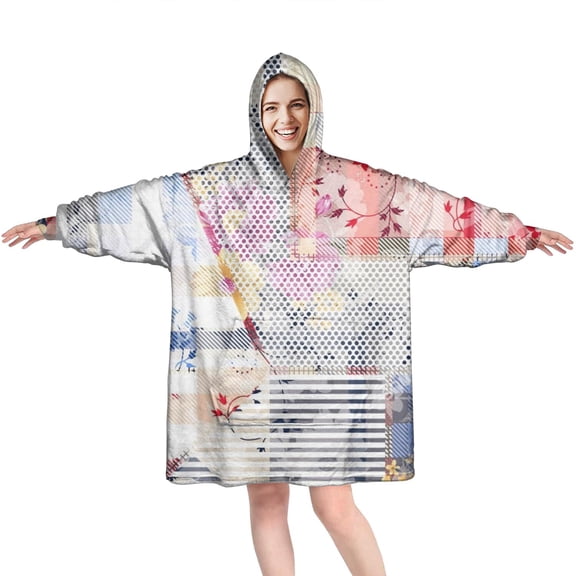 Wearable Oversized Blanket,Pioneer Flower Floral Print Pattern Wearable Blanket Hoodie for Adults,Cozy Hooded Blankets with Super Pockets,Super Warm Fuzzy Pullover for Women & Men