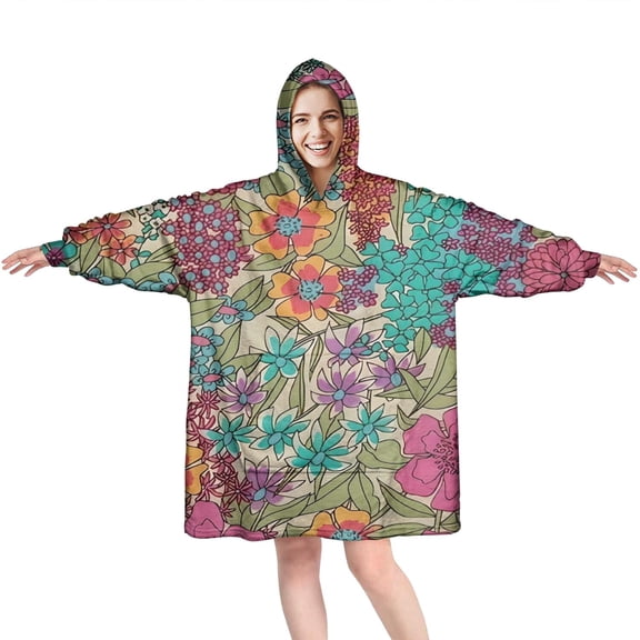 Wearable Oversized Blanket,Pioneer Flower Floral Print Pattern Wearable Blanket Hoodie for Adults,Cozy Hooded Blankets with Super Pockets,Super Warm Fuzzy Pullover for Women & Men