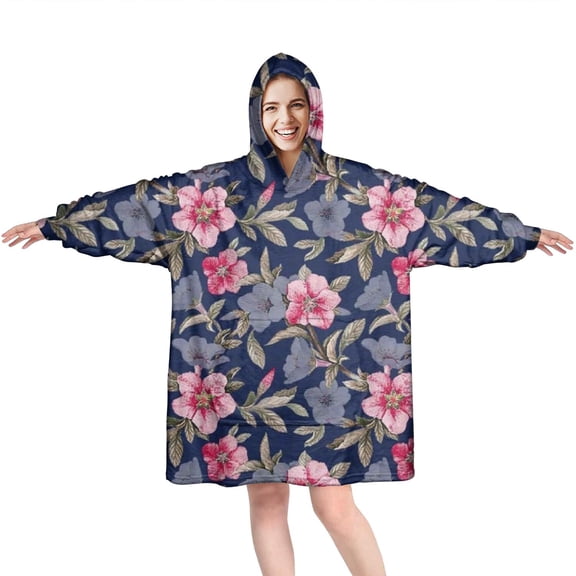 Wearable Oversized Blanket,Pioneer Flower Floral Print Pattern Wearable Blanket Hoodie for Adults,Cozy Hooded Blankets with Super Pockets,Super Warm Fuzzy Pullover for Women & Men