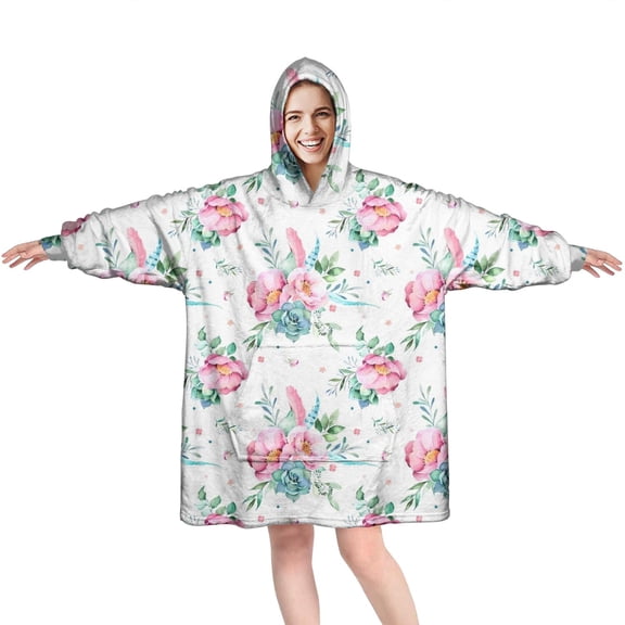 Wearable Oversized Blanket,Pioneer Flower Floral Print Pattern Wearable Blanket Hoodie for Adults,Cozy Hooded Blankets with Super Pockets,Super Warm Fuzzy Pullover for Women & Men
