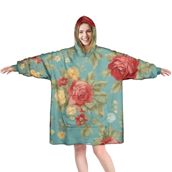 Wearable Oversized Blanket,Pioneer Flower Floral Print Pattern Wearable Blanket Hoodie for Adults,Cozy Hooded Blankets with Super Pockets,Super Warm Fuzzy Pullover for Women & Men