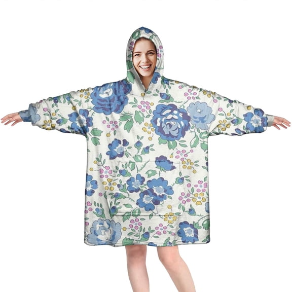 Wearable Oversized Blanket,Pioneer Flower Floral Print Pattern Wearable Blanket Hoodie for Adults,Cozy Hooded Blankets with Super Pockets,Super Warm Fuzzy Pullover for Women & Men