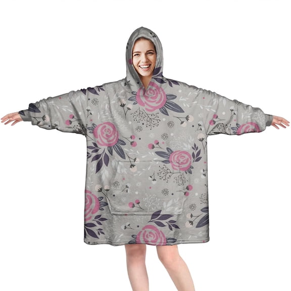 Wearable Oversized Blanket,Pioneer Flower Floral Print Pattern Wearable Blanket Hoodie for Adults,Cozy Hooded Blankets with Super Pockets,Super Warm Fuzzy Pullover for Women & Men