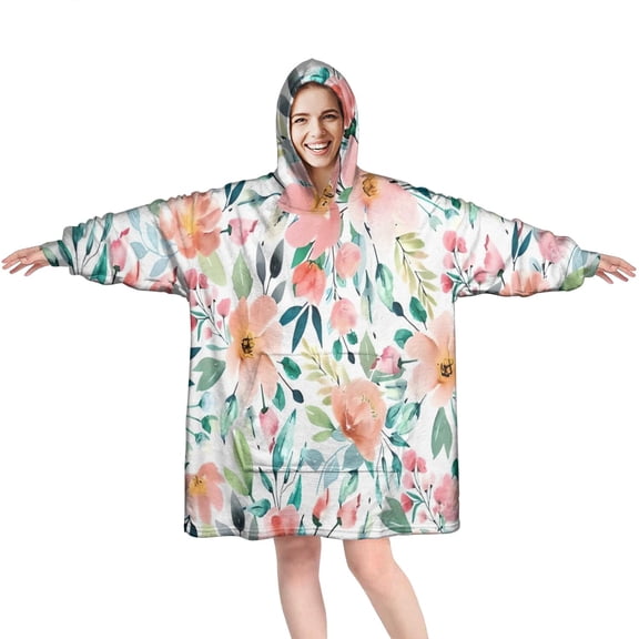 Wearable Oversized Blanket,Pioneer Flower Floral Print Pattern Wearable Blanket Hoodie for Adults,Cozy Hooded Blankets with Super Pockets,Super Warm Fuzzy Pullover for Women & Men