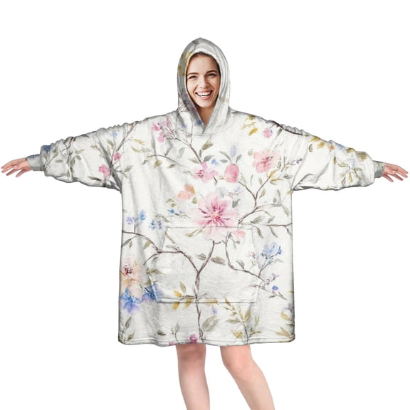 Wearable Oversized Blanket,Pioneer Flower Floral Print Pattern Wearable Blanket Hoodie for Adults,Cozy Hooded Blankets with Super Pockets,Super Warm Fuzzy Pullover for Women & Men