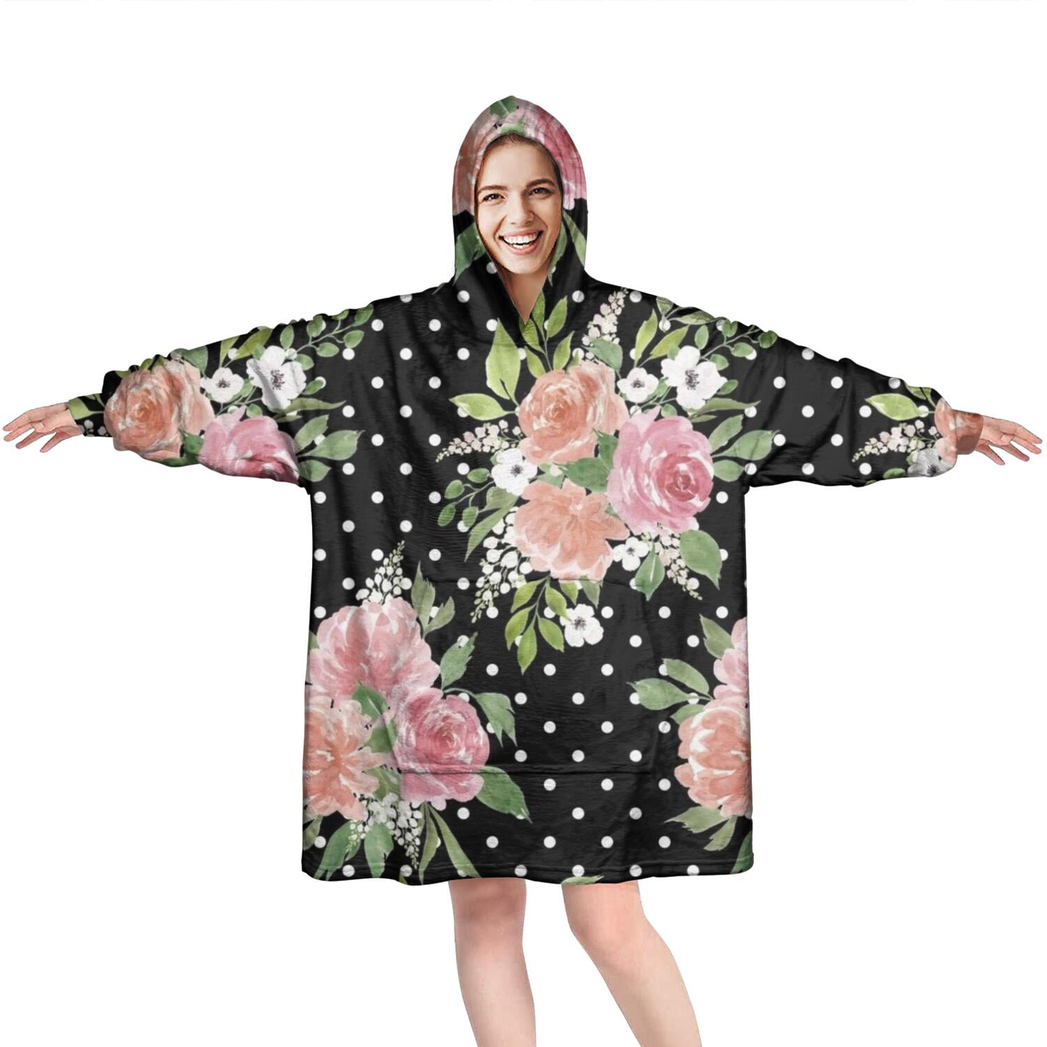 Wearable Oversized Blanket,Pioneer Flower Floral Print Pattern Wearable Blanket Hoodie for Adults,Cozy Hooded Blankets with Super Pockets,Super Warm Fuzzy Pullover for Women & Men
