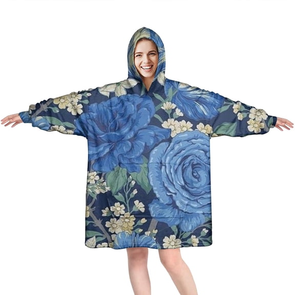 Wearable Oversized Blanket,Pioneer Flower Floral Print Pattern Wearable Blanket Hoodie for Adults,Cozy Hooded Blankets with Super Pockets,Super Warm Fuzzy Pullover for Women & Men