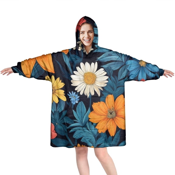 Wearable Oversized Blanket,Pioneer Flower Floral Print Pattern Wearable Blanket Hoodie for Adults,Cozy Hooded Blankets with Super Pockets,Super Warm Fuzzy Pullover for Women & Men