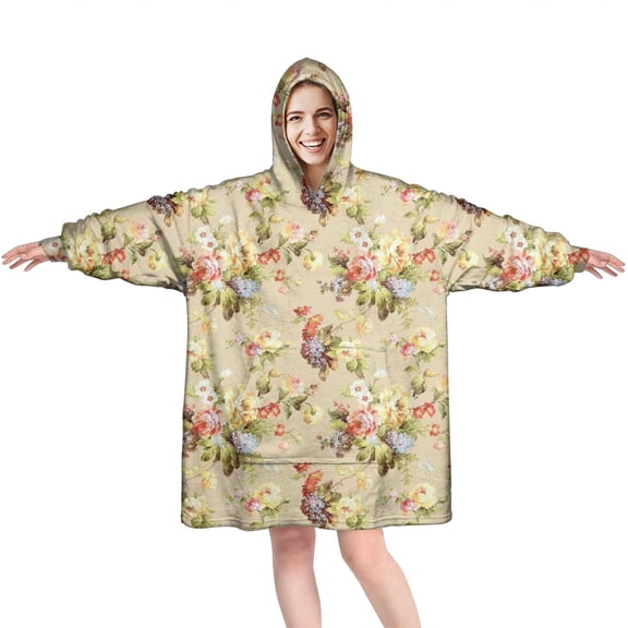 Wearable Oversized Blanket,Pioneer Flower Floral Print Pattern Wearable Blanket Hoodie for Adults,Cozy Hooded Blankets with Super Pockets,Super Warm Fuzzy Pullover for Women & Men