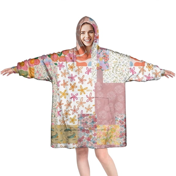 Wearable Oversized Blanket,Pioneer Flower Floral Print Pattern Wearable Blanket Hoodie for Adults,Cozy Hooded Blankets with Super Pockets,Super Warm Fuzzy Pullover for Women & Men