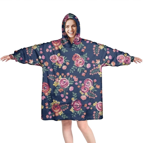 Wearable Oversized Blanket,Pioneer Flower Floral Print Pattern Wearable Blanket Hoodie for Adults,Cozy Hooded Blankets with Super Pockets,Super Warm Fuzzy Pullover for Women & Men