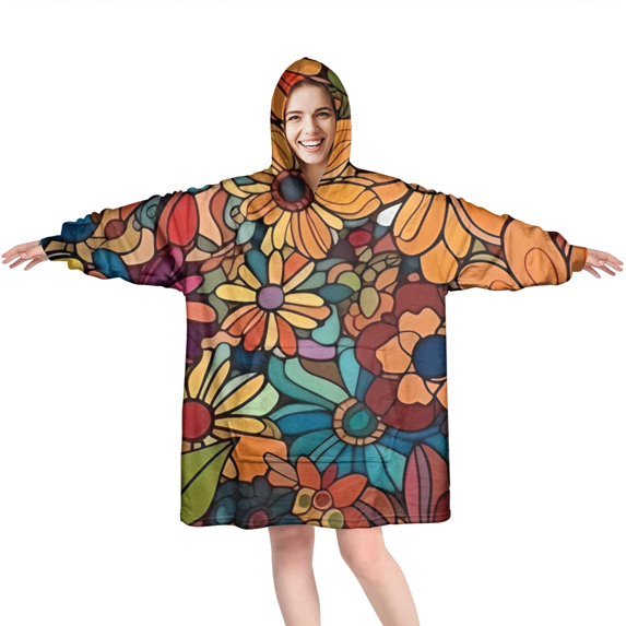 Wearable Oversized Blanket,Pioneer Flower Floral Print Pattern Wearable Blanket Hoodie for Adults,Cozy Hooded Blankets with Super Pockets,Super Warm Fuzzy Pullover for Women & Men