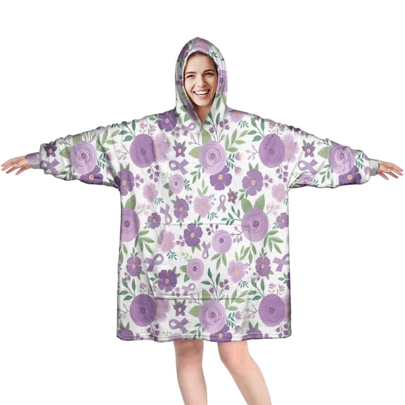 Wearable Oversized Blanket,Pioneer Flower Floral Print Pattern Wearable Blanket Hoodie for Adults,Cozy Hooded Blankets with Super Pockets,Super Warm Fuzzy Pullover for Women & Men